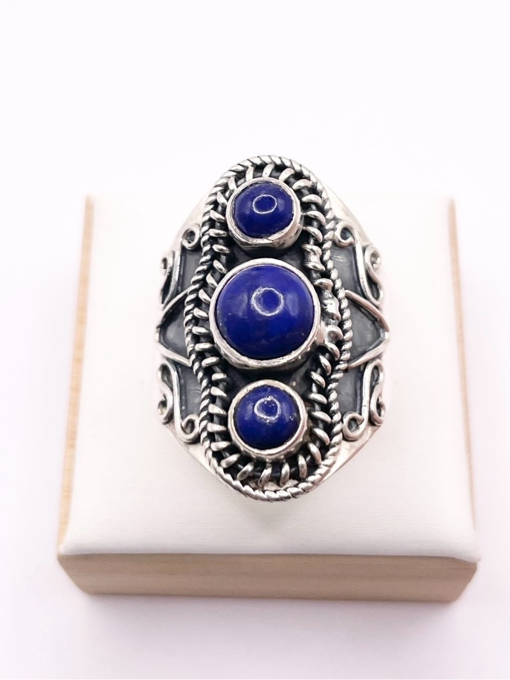 Size 9 925 Sterling Silver Blue Lapis Triple Cabochon Statement Ring - Picture 9 of 10